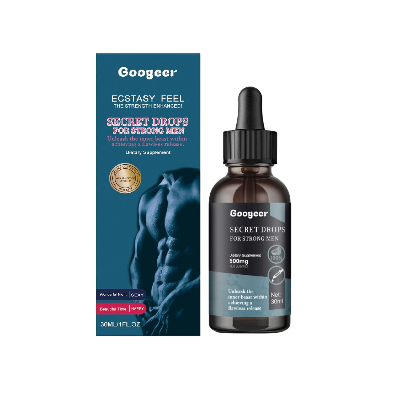 Secret Drops for Strong Men 30ml bottle and packaging